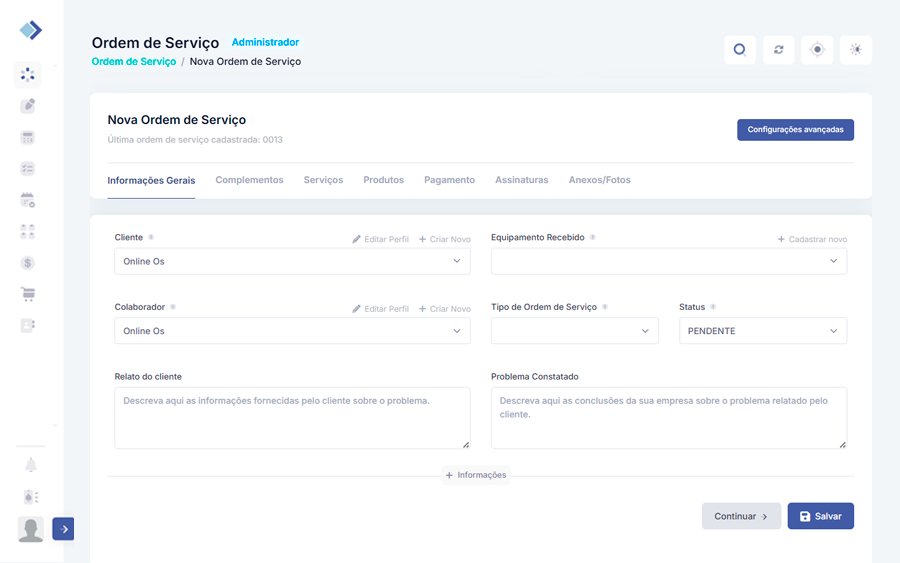 Painel Criação Ordem de Serviço